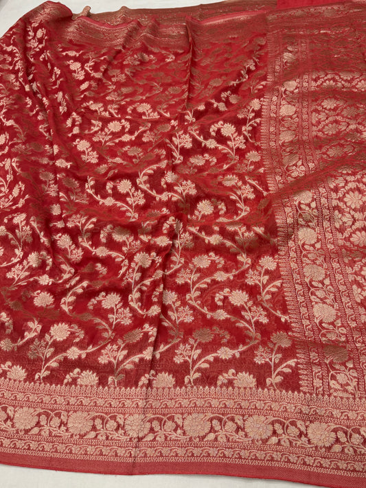 Rust Red Banarasi Viscose Khaddi Georgette Saree