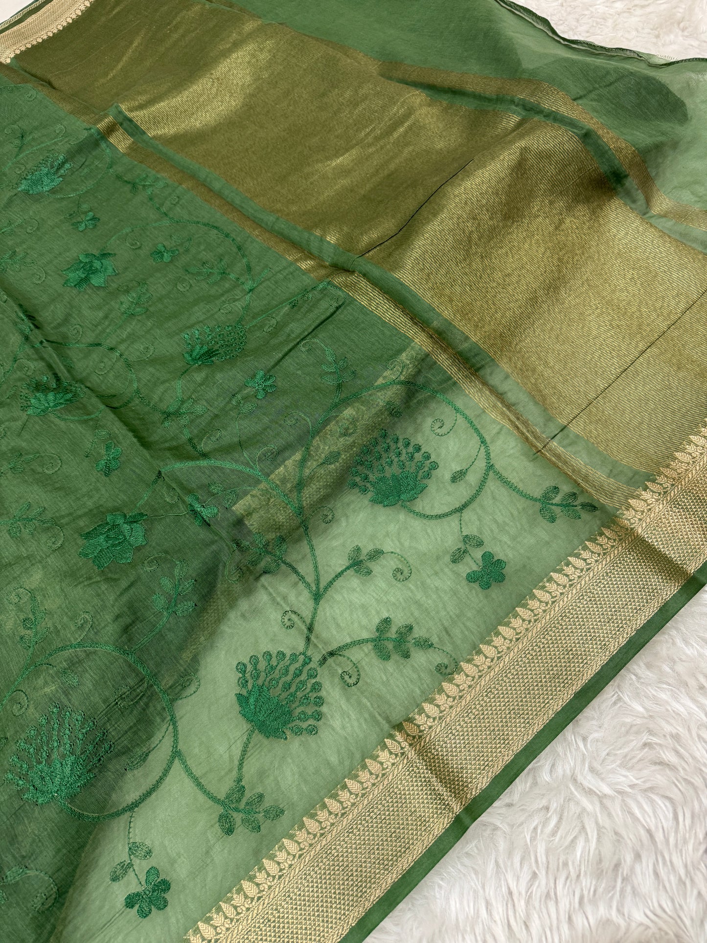 Green Mul Chanderi Chikankari Saree