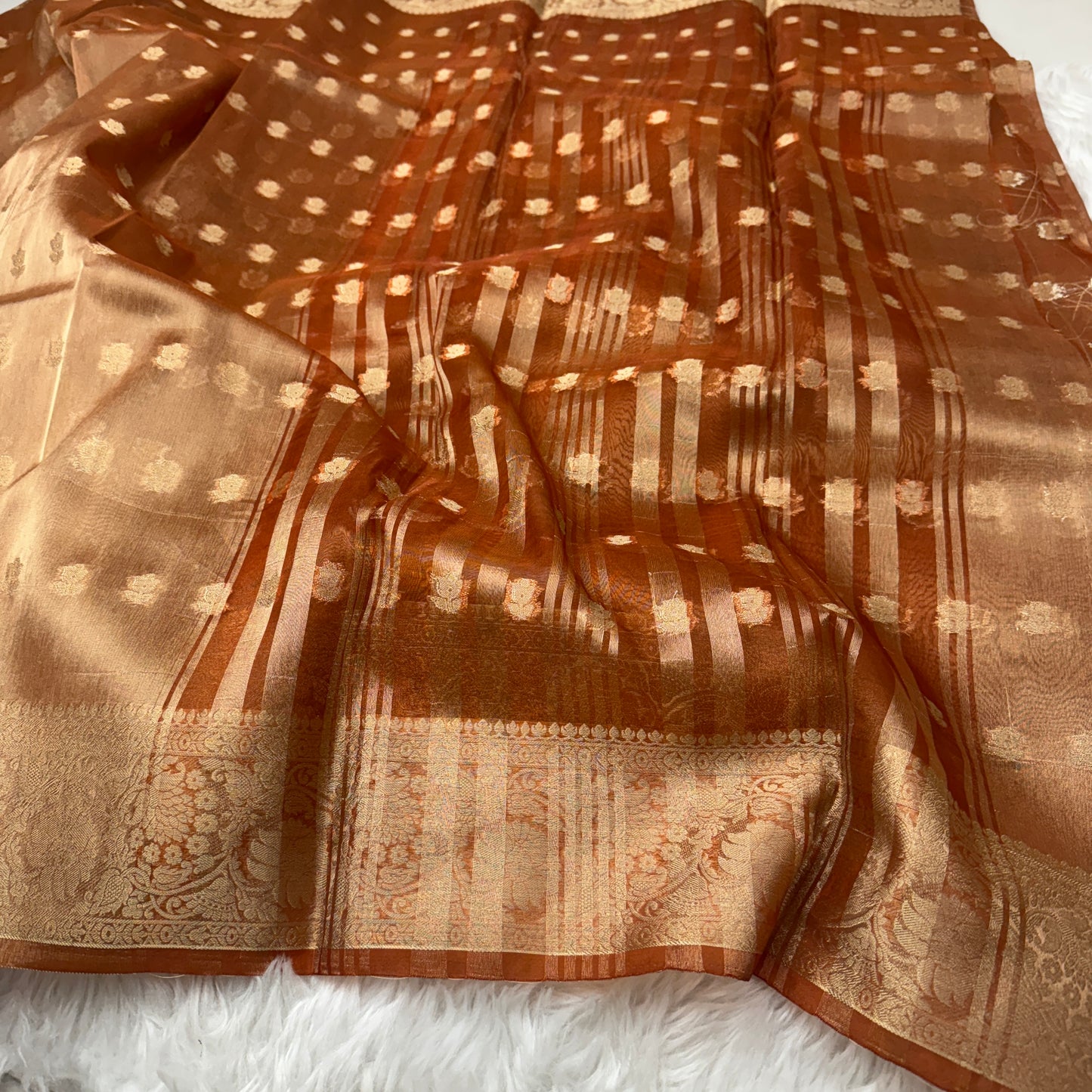 Rust Orange Banarasi Tissue Silk Saree