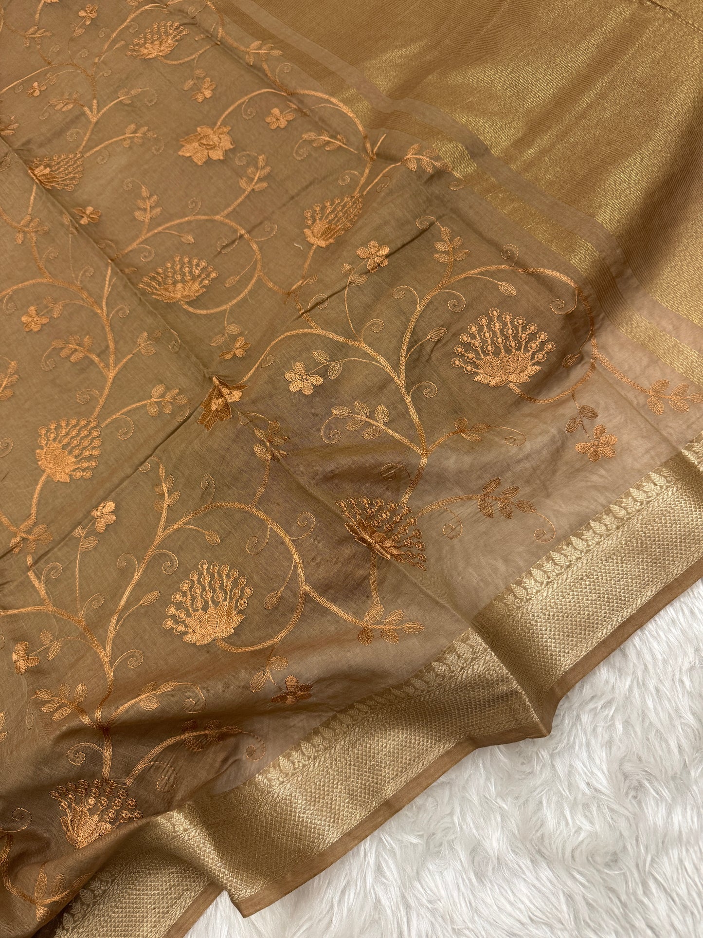 Dusty Brown Mul Chanderi Chikankari Saree