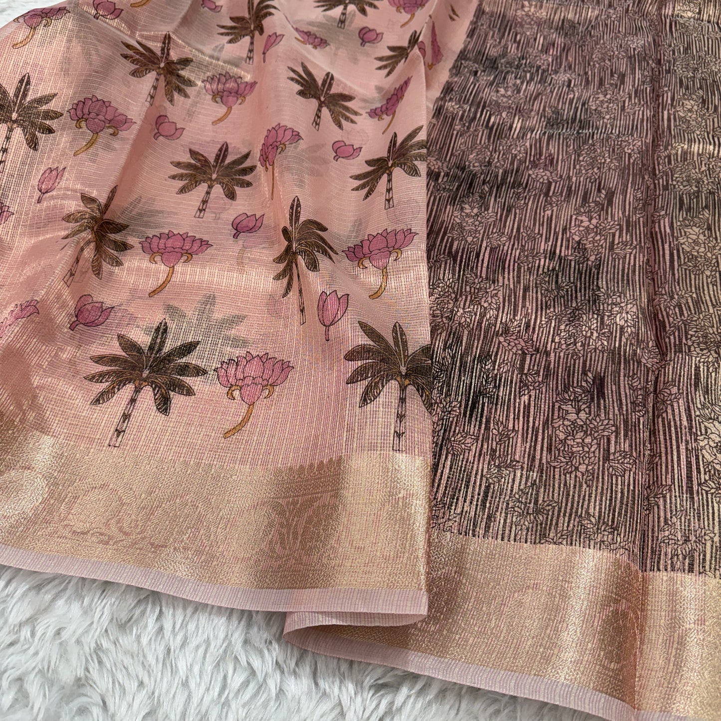 Rose Pink Banarasi Kota Check Tissue Silk Printed Saree