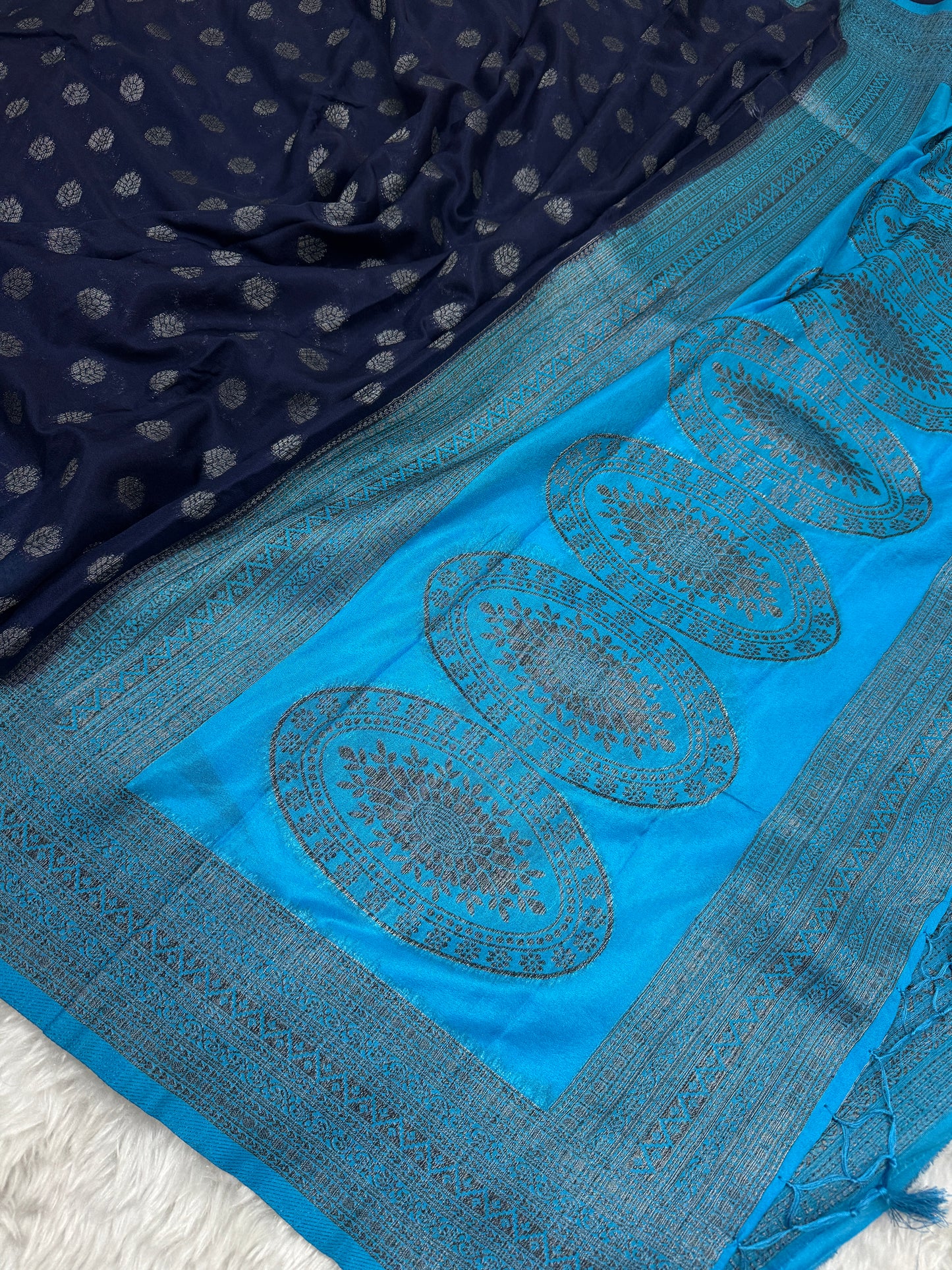 Navy Blue to Firozi Banarasi Crepe Georgette Saree