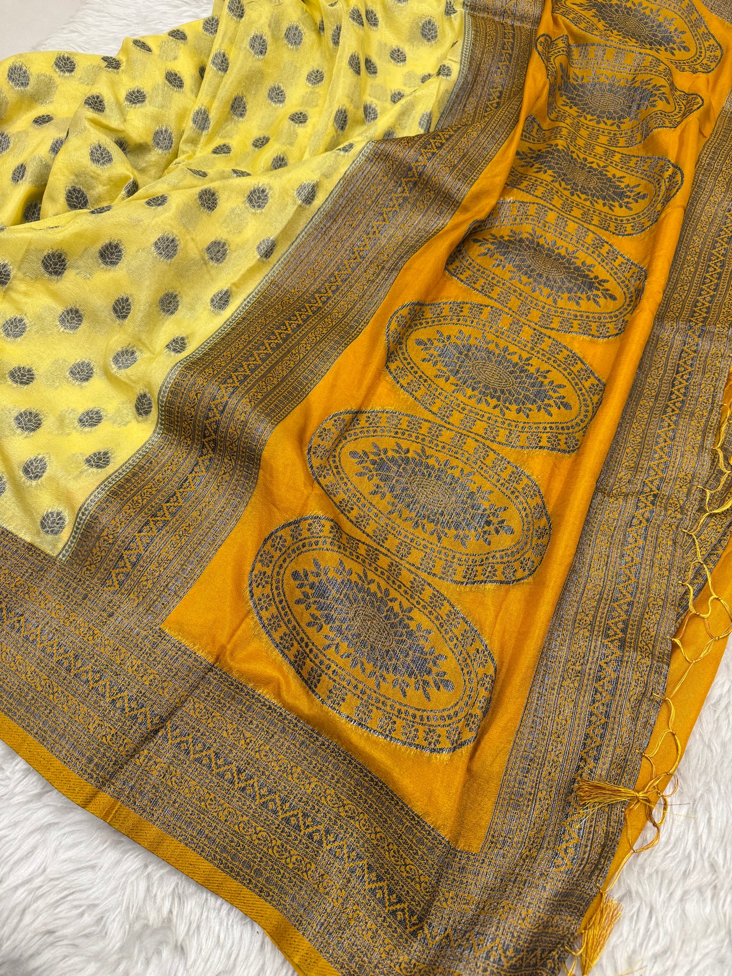 Lemon Yellow to Mustard Banarasi Crepe Georgette Saree