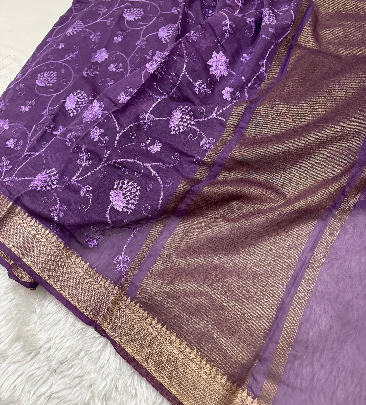 Purple Mul Chanderi Chikankari Saree