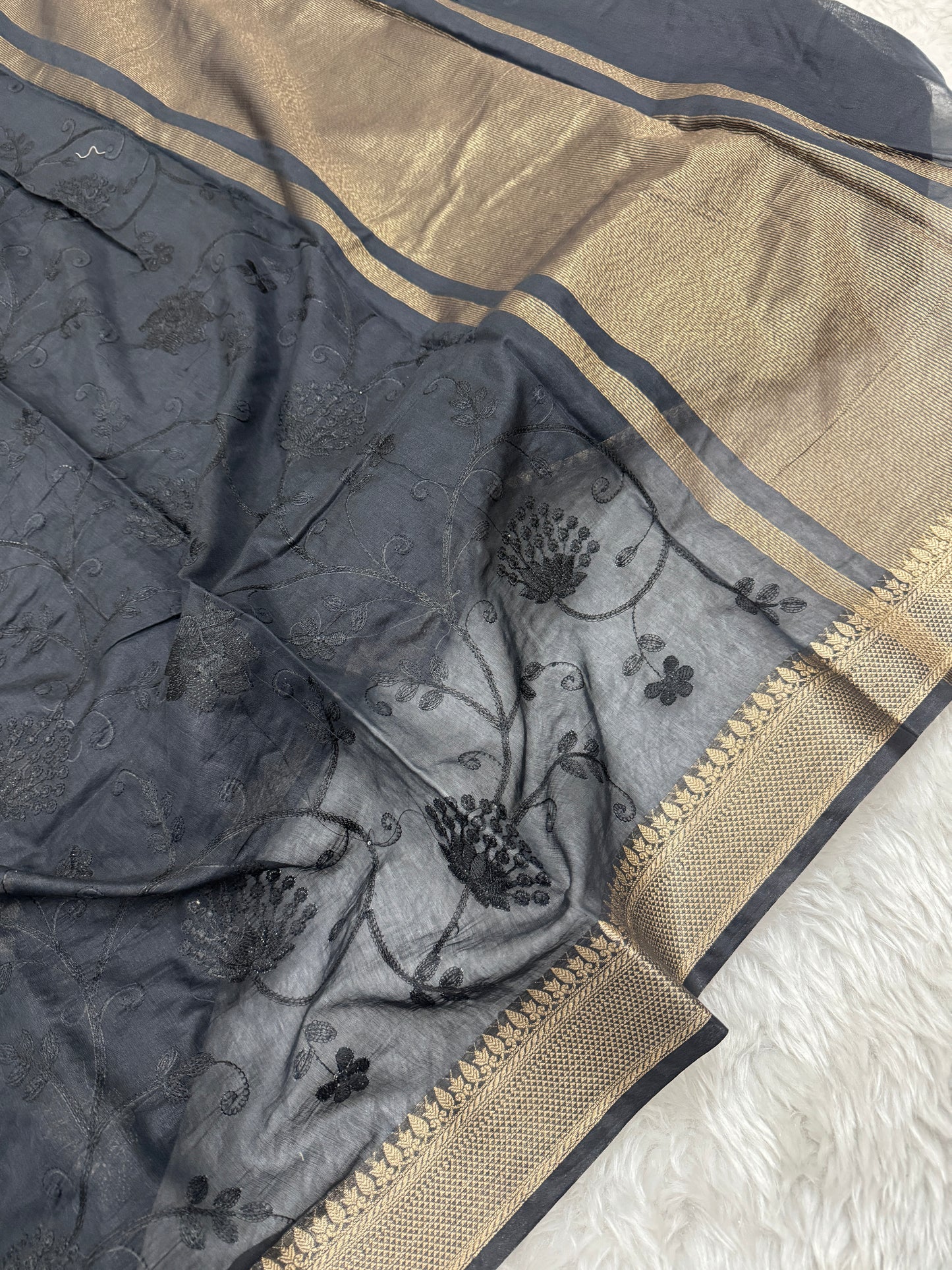 Black Mul Chanderi Chikankari Saree