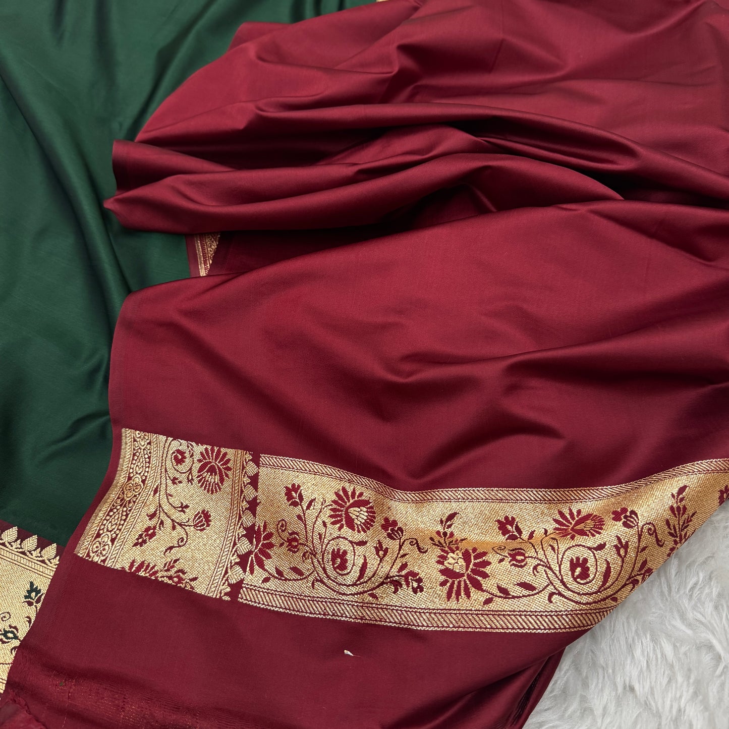 Banarasi Satin Katan Silk Saree Bottle Green to Maroon BN28