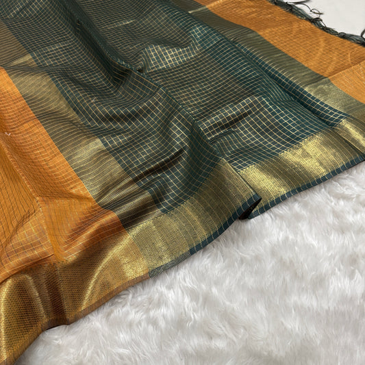 Mustard Bottle Green Chanderi Cotton Silk Check Saree