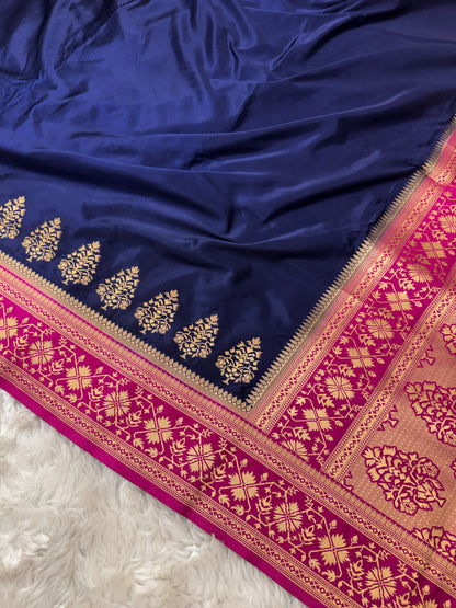 Navy Blue to Rani Pink Banarasi Mashru Silk Saree