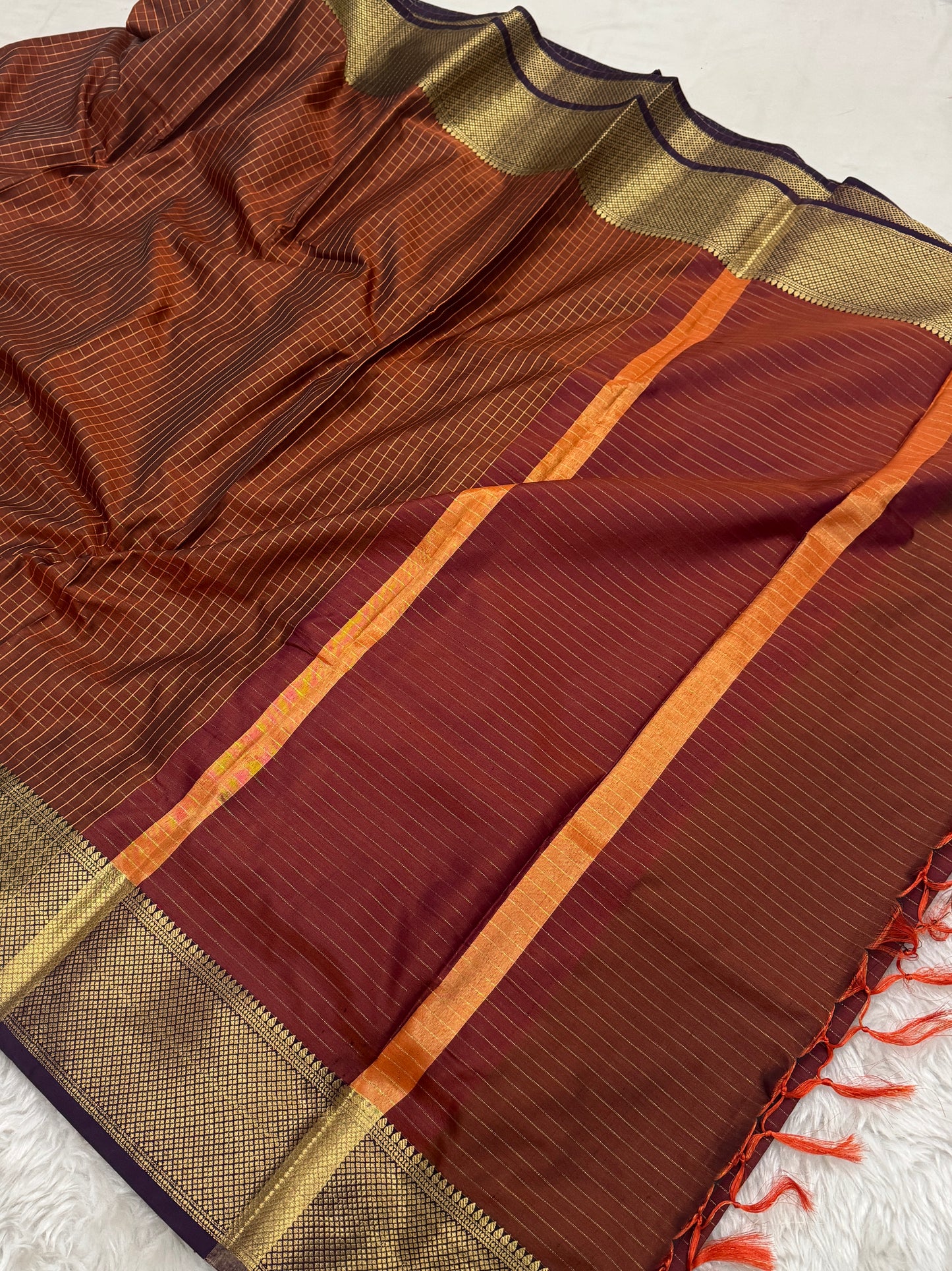 Rust Orange Semi Kanchipuram Silk Checks Saree