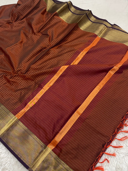 Rust Orange Semi Kanchipuram Silk Checks Saree