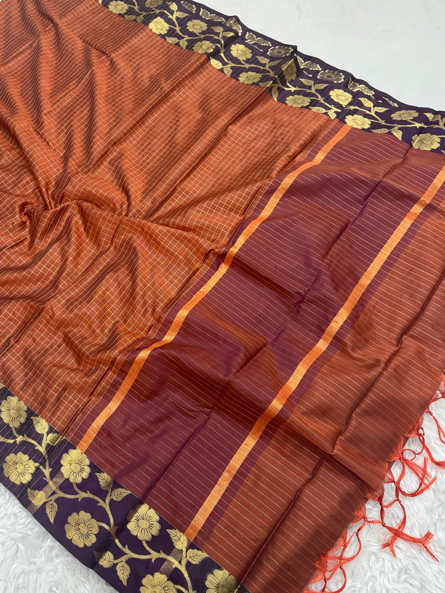 Rust Orange Semi Kanchipuram Silk Checks Saree