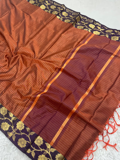 Rust Orange Semi Kanchipuram Silk Checks Saree