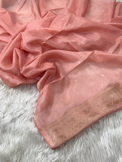 Pastel Yellow Banarasi Rangkaat Organza Crepe Silk Saree