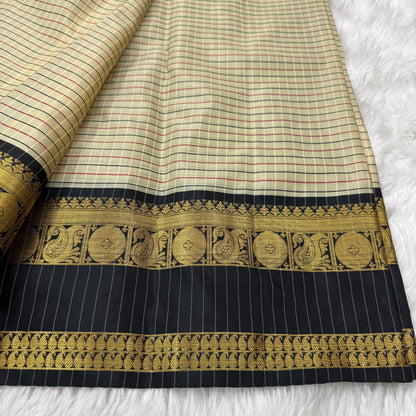Black and Red Border Cream Checked Pattern Kanjivaram Semi Soft Silk Saree