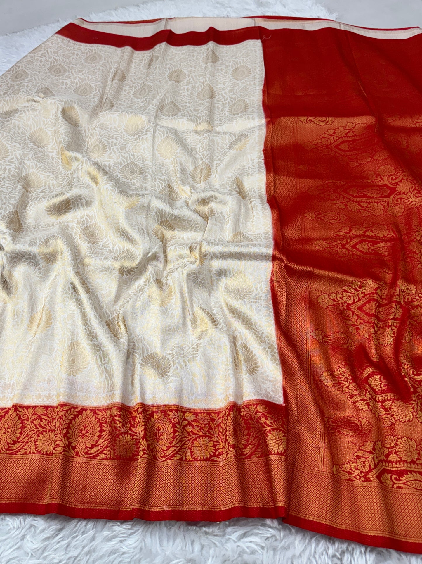 Off White to Red Kanjivaram Soft Silk Saree