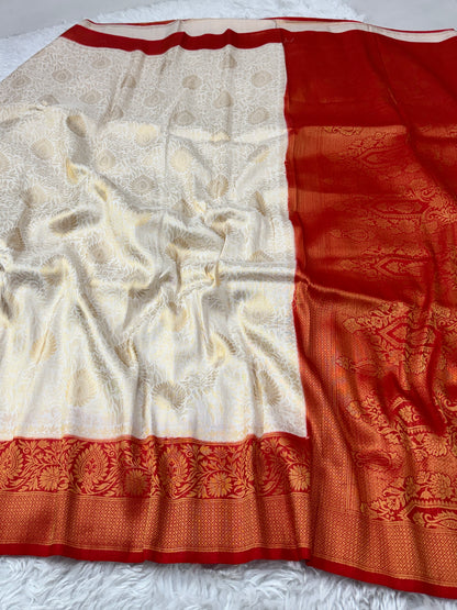 Off White to Red Kanjivaram Soft Silk Saree