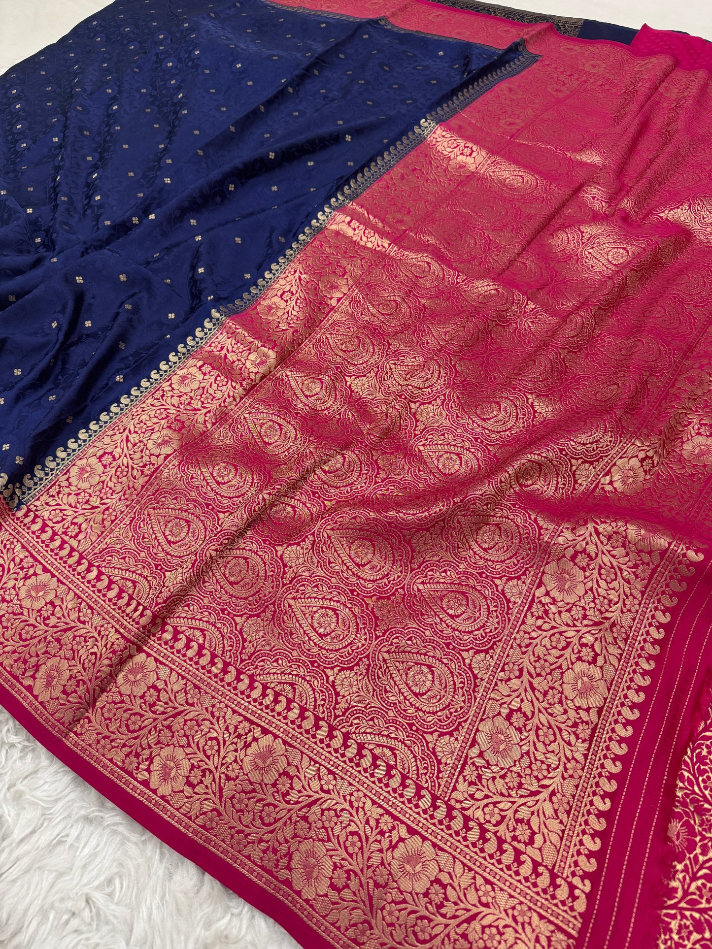 Navy Blue to Rani Pink Banarasi Mashru Silk Saree