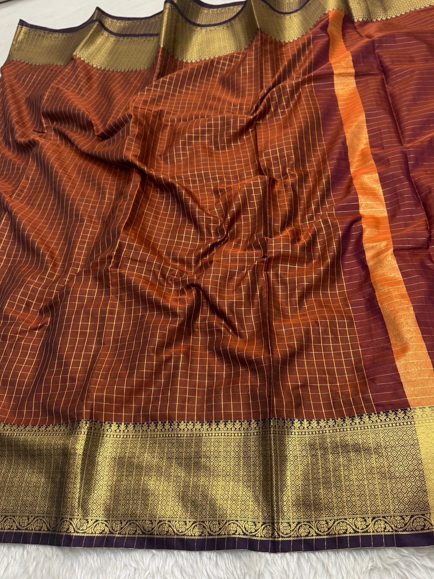Rust Orange Semi Kanchipuram Silk Checks Saree