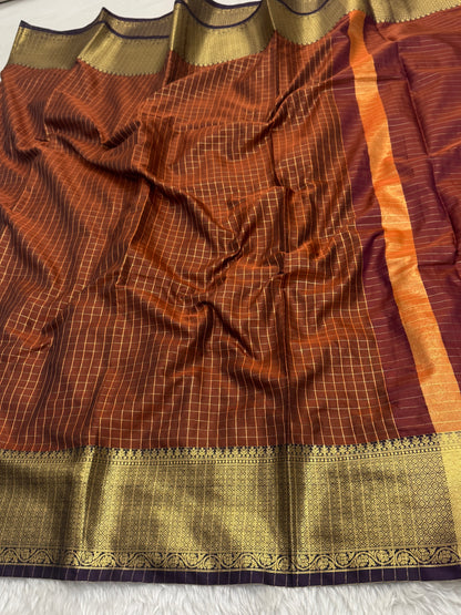 Rust Orange Semi Kanchipuram Silk Checks Saree