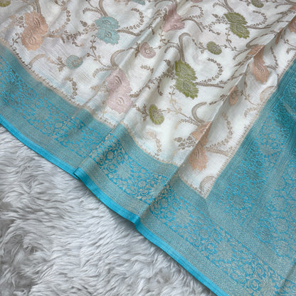 Off White to Sky Blue Banarasi Meenakari Jaal Semi Tussar Silk Saree