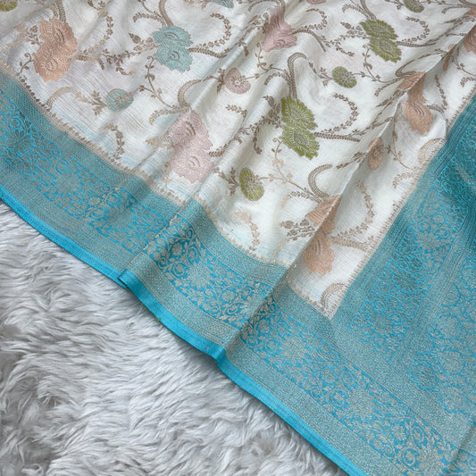 Off White to Sky Blue Banarasi Meenakari Jaal Semi Tussar Silk Saree