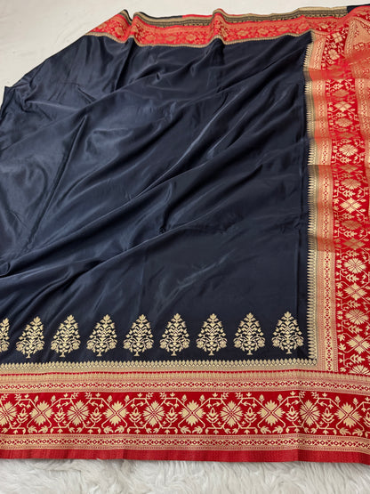 Black to Deep Red Banarasi Mashru Silk Saree