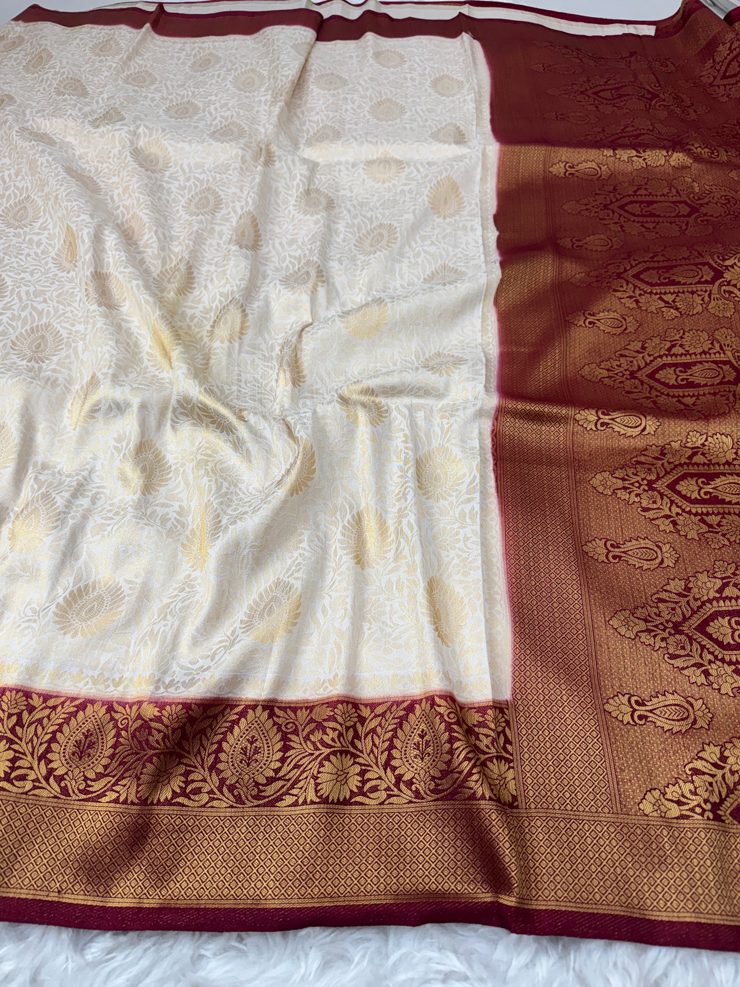 Off White to Deep Wine Kanjivaram Soft Silk Saree