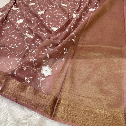 Mauve Brown Mul Chanderi Chikankari Saree