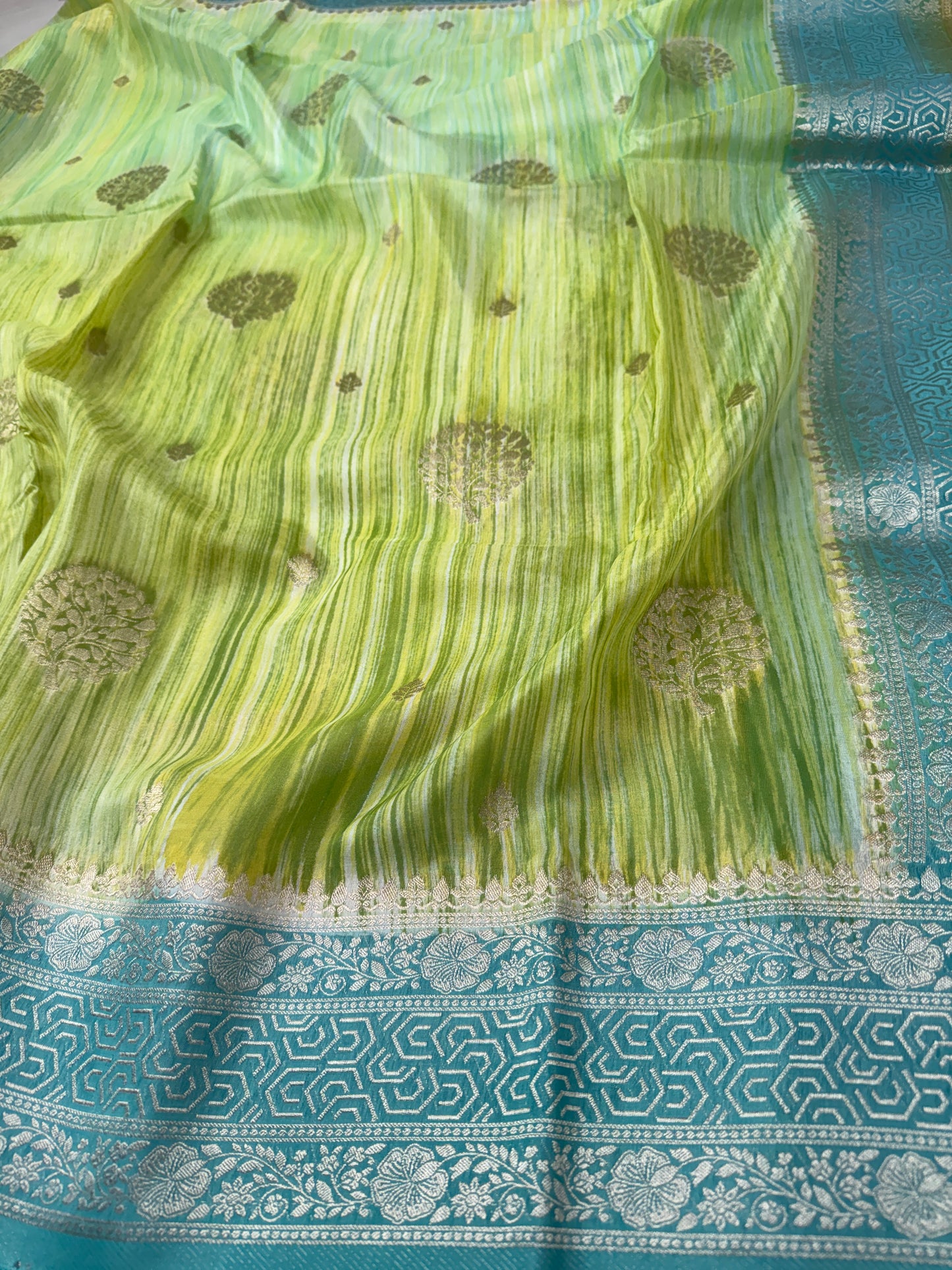 Lime Green and Ocean Teal Banarasi Handbrush Organza Crepe Silk Saree
