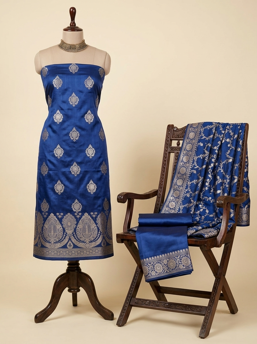 Navy Blue Premium Banarasi Mashru Silk Suit Set