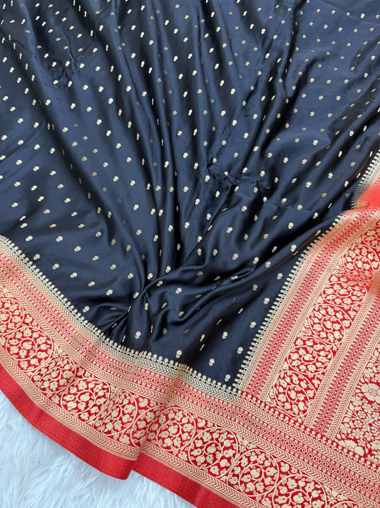 Black to Red Banarasi Mashru Silk Saree