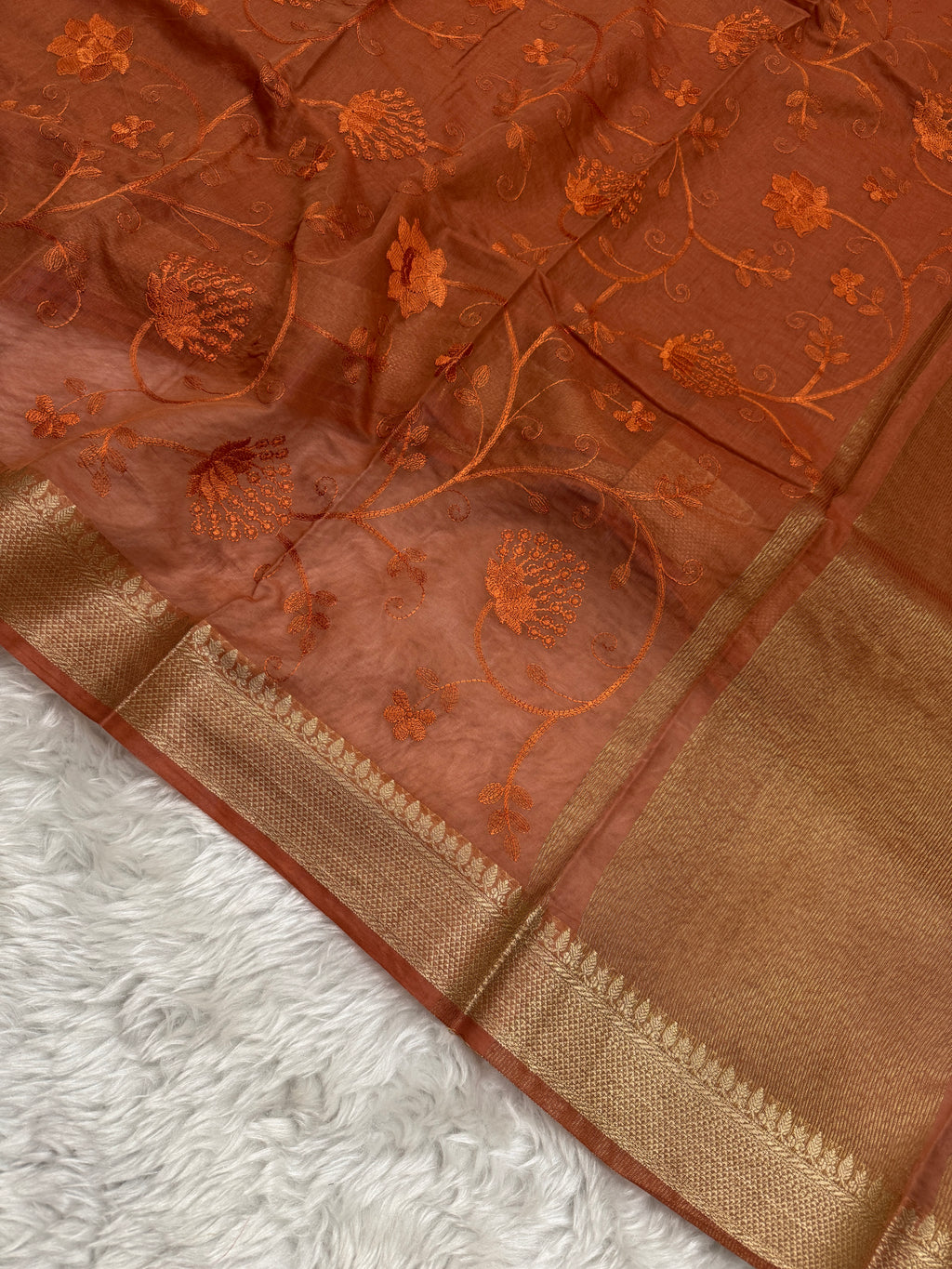 Rust Mul Chanderi Chikankari Saree