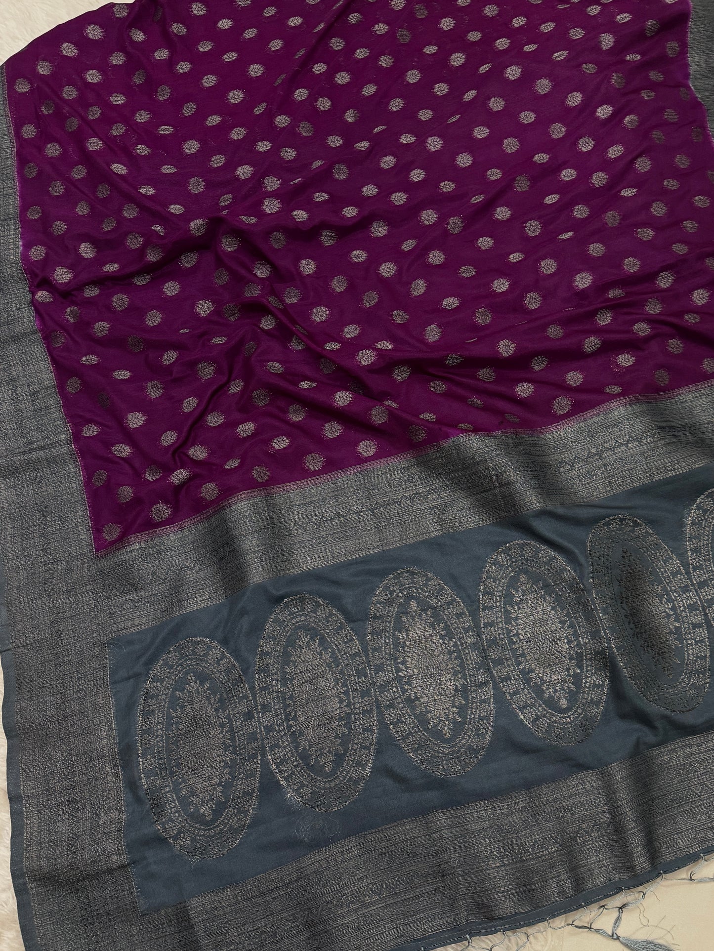 Wine to Grey Banarasi Crepe Georgette Saree