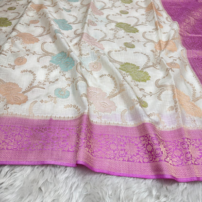 Off White to Pink Banarasi Meenakari Jaal Semi Tussar Silk Saree