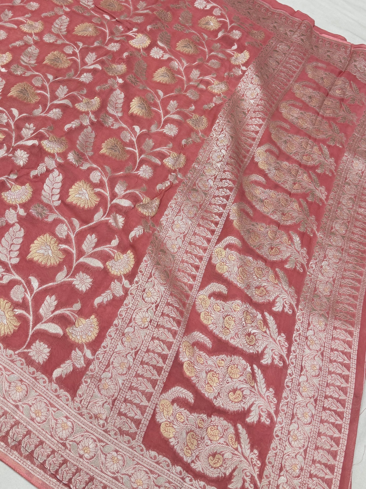 Rose Pink Banarasi Viscose Khaddi Georgette Saree
