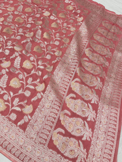 Rose Pink Banarasi Viscose Khaddi Georgette Saree