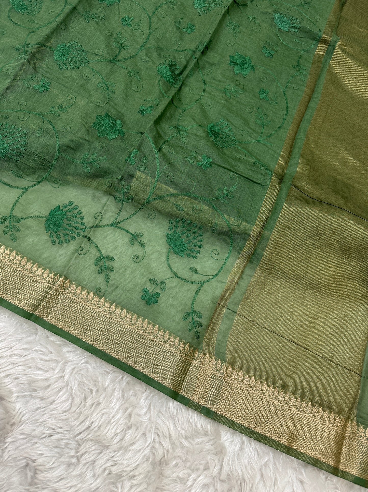 Green Mul Chanderi Chikankari Saree