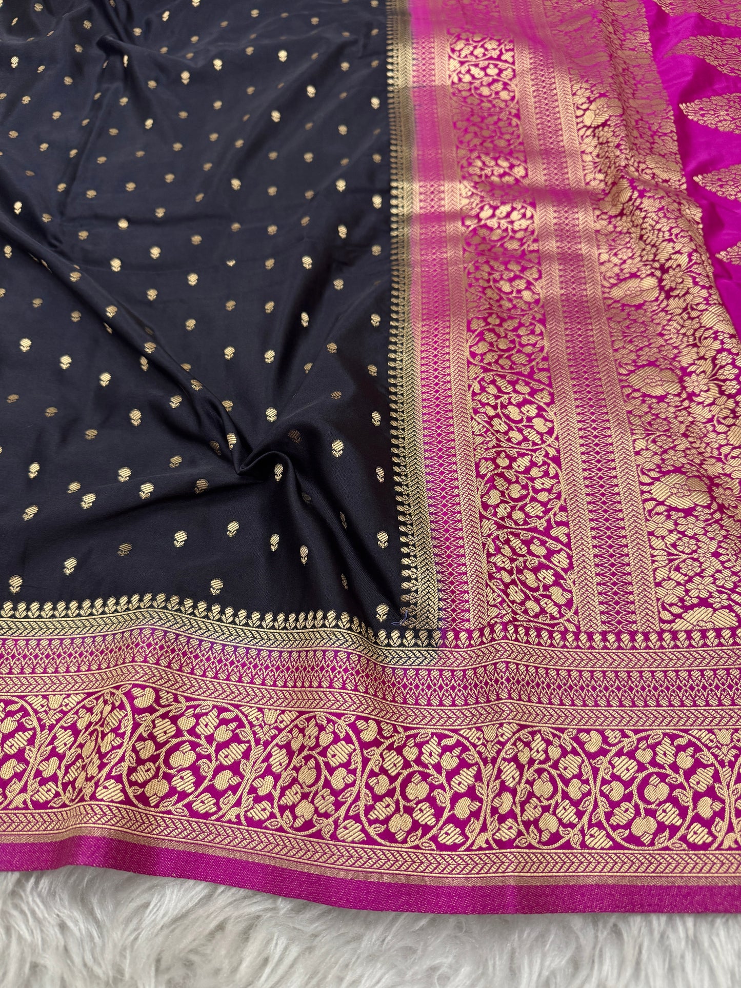 Black to Rani Pink Banarasi Mashru Silk Saree