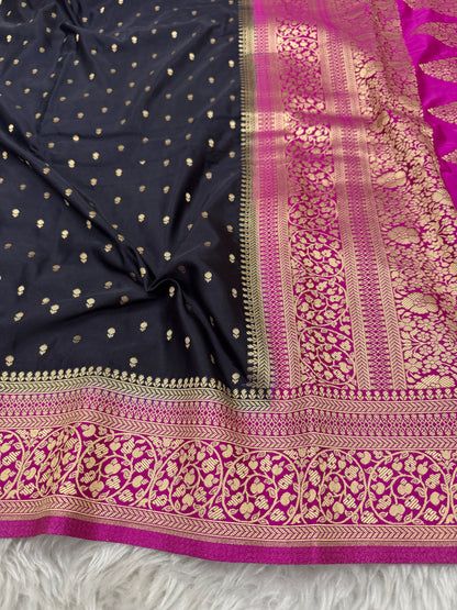 Black to Rani Pink Banarasi Mashru Silk Saree