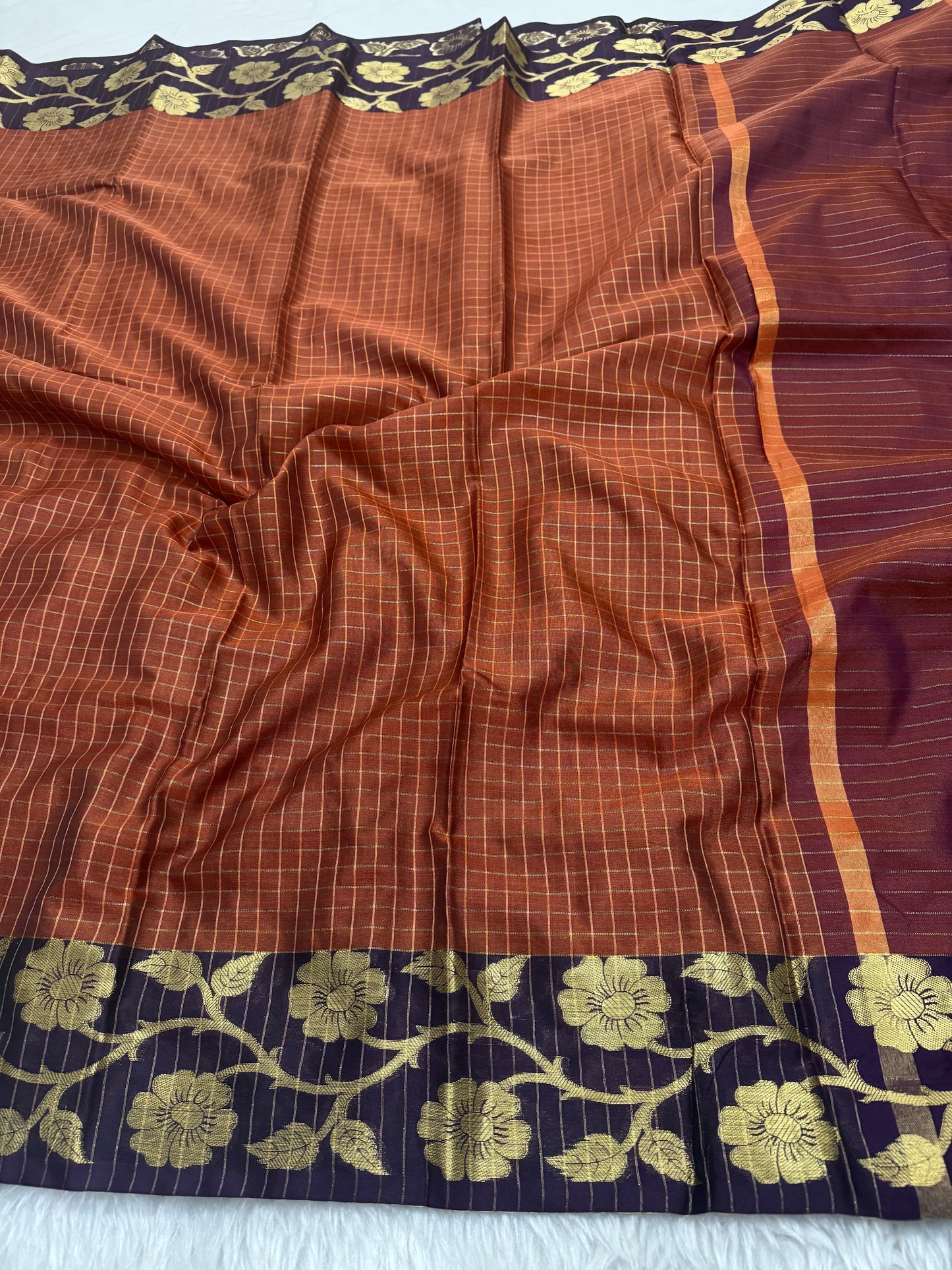 Rust Orange Semi Kanchipuram Silk Checks Saree