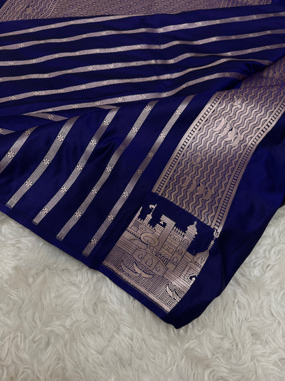 Deep Royal Blue Kashi Ghat Banarasi Satin Katan Silk Saree
