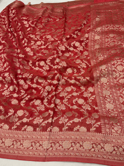 Rust Red Banarasi Viscose Khaddi Georgette Saree