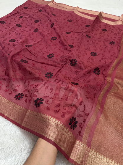 Maroon Mul Chanderi Chikankari Saree
