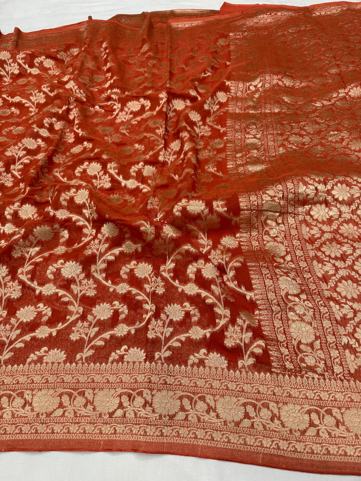 Rust Orange Banarasi Viscose Khaddi Georgette Saree