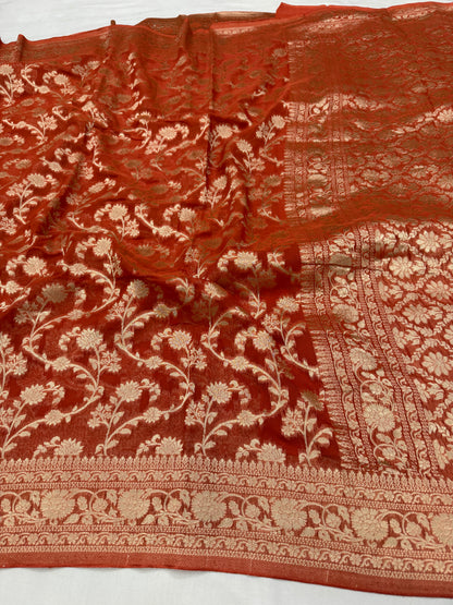 Rust Orange Banarasi Viscose Khaddi Georgette Saree
