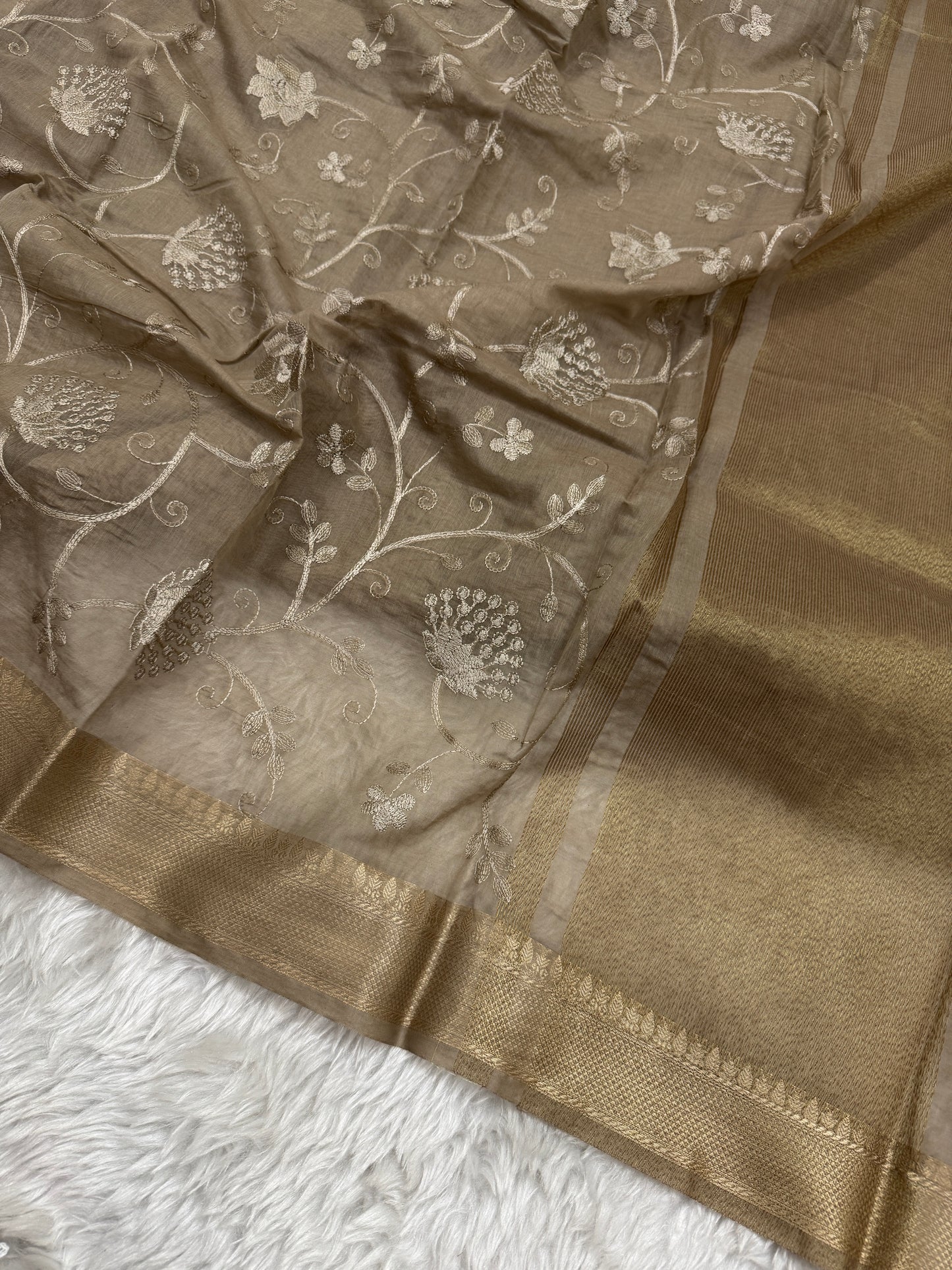 Chiku Mul Chanderi Chikankari Saree