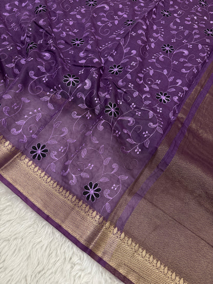 Purple Mul Chanderi Chikankari Saree