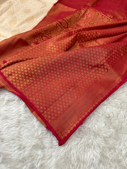 Off White to Maroon Kanjivaram Soft Silk Saree