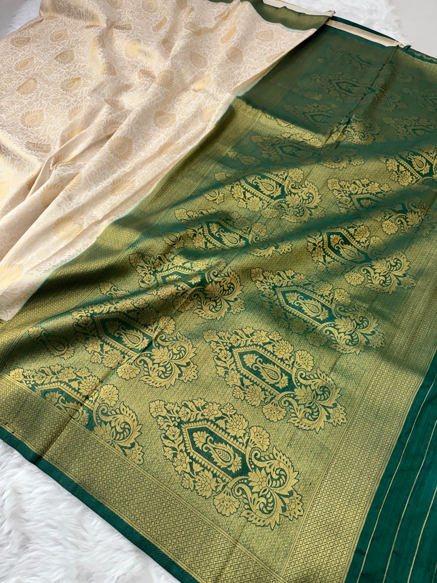 Off White to Bottle Green Kanjivaram Soft Silk Saree