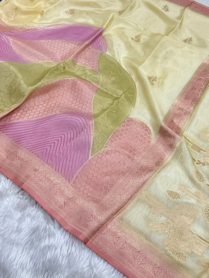 Pastel Yellow Banarasi Rangkaat Organza Crepe Silk Saree